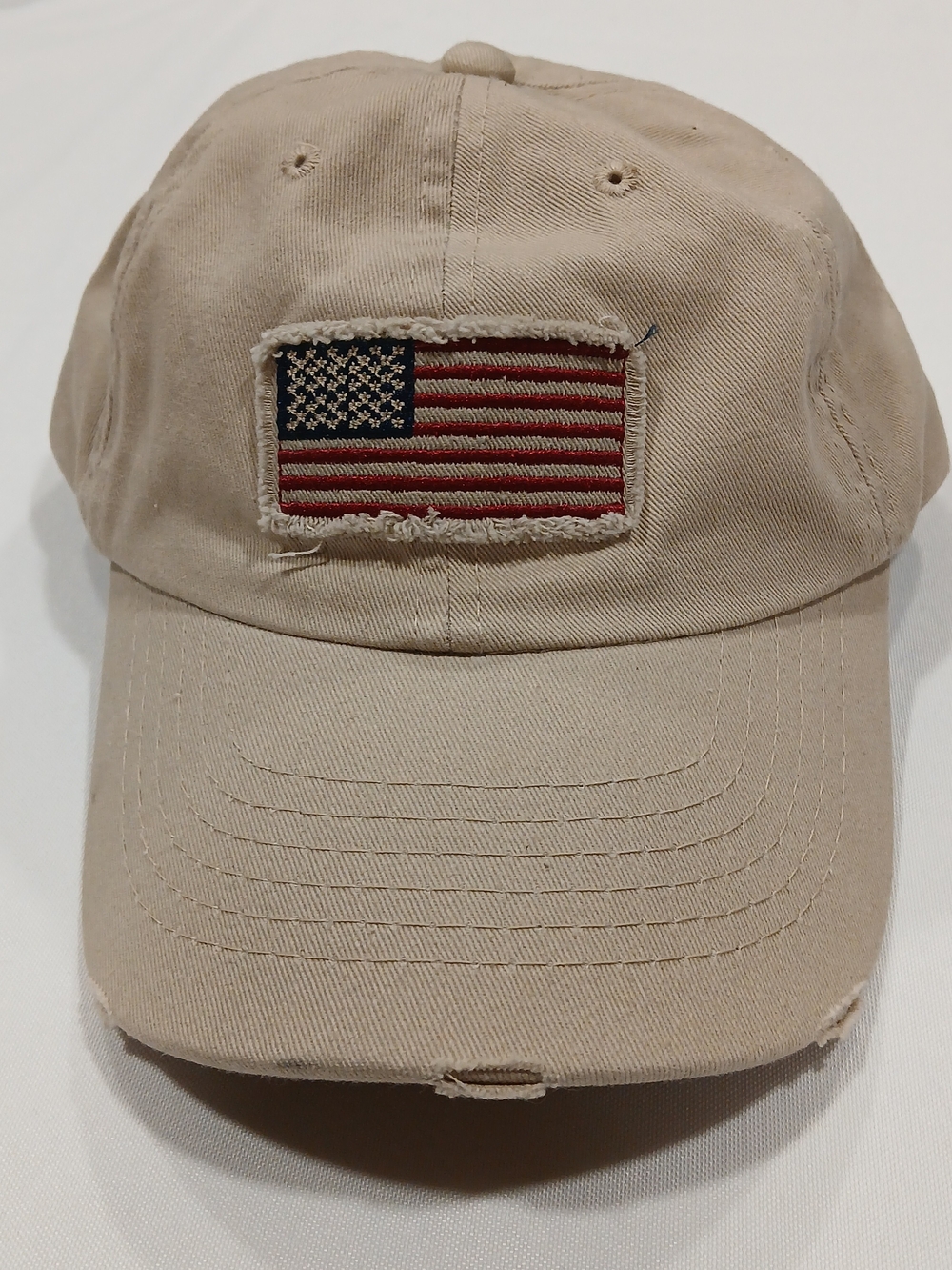 Distressed American Flag Patch Khaki Baseball Hat Cap Adjustable Cotton Patriot